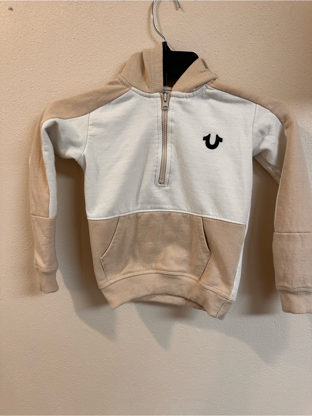 True Religion Kids Colorblock Half-Zip Hoodie in Cream & Tan
